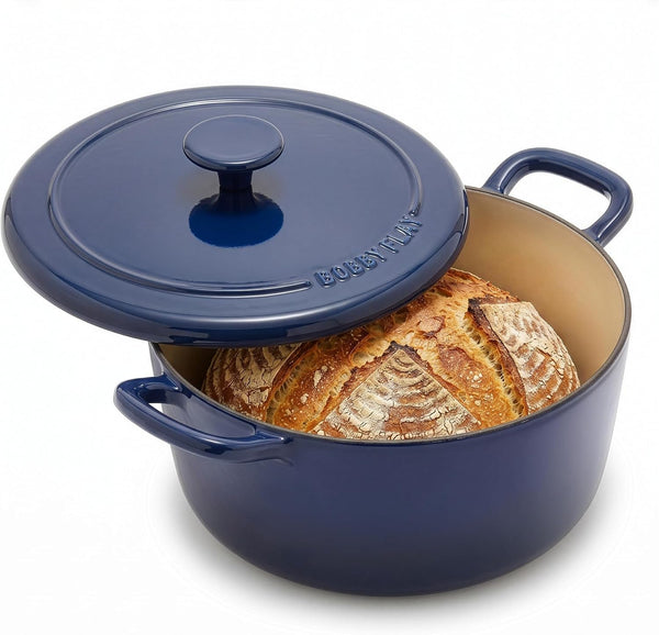 X Bobby Flay 5.5QT Enameled Cast Iron Dutch Oven with Lid, Navy | Casserole Pot for Braising, Stews, Bread Baking & Searing, Self-Basting Lid, Induction Ready, Oven Safe to 5001
