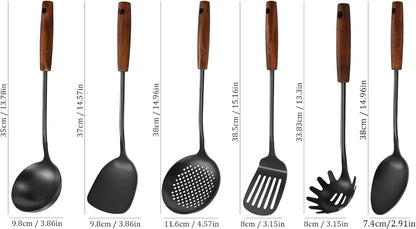 304 Stainless Steel Kitchen Utensils Set, 6 Pcs Long Cooking Utensils Set with Wooden Handle, Large Heat Resistant Kitchen Tools(Black, Dishwasher Safe)5