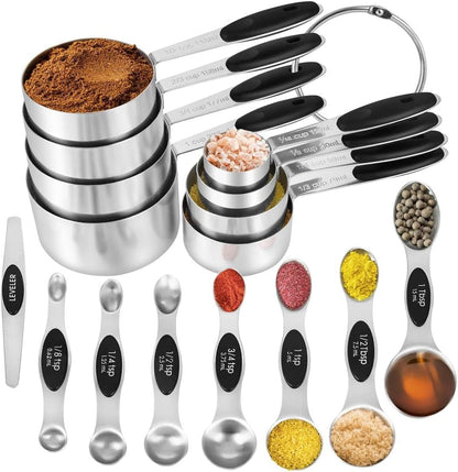 16 Pieces Measuring Cups and Magnetic Measuring Spoons Set Stainless Steel,8 Measure Cups with Silicone Handle and 7 Double Sided Magnetic Measure Spoons & 1 Leveler1