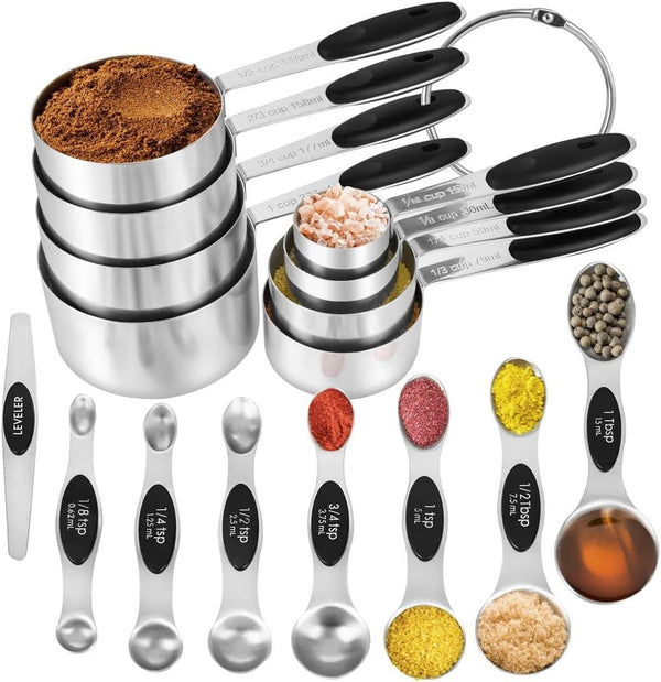 16 Pieces Measuring Cups and Magnetic Measuring Spoons Set Stainless Steel,8 Measure Cups with Silicone Handle and 7 Double Sided Magnetic Measure Spoons & 1 Leveler1