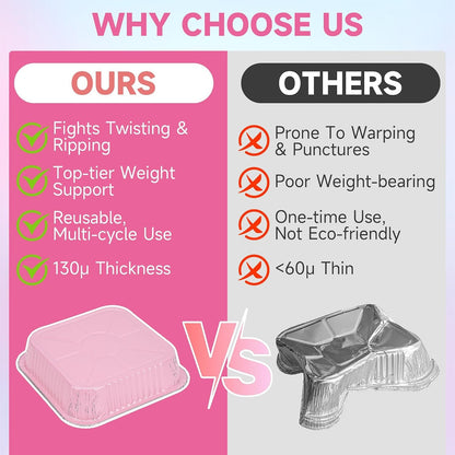 (35 Pack)Pink 8X8 Inch Disposable Aluminum Foil Pans&Square Cake Pans for Parties, Clear Plastic Lids,Eco-Friendly Baking Trays with Stickers&Cake Spoons,Picnics,Casseroles,Takeout,Recyclable Cookware3