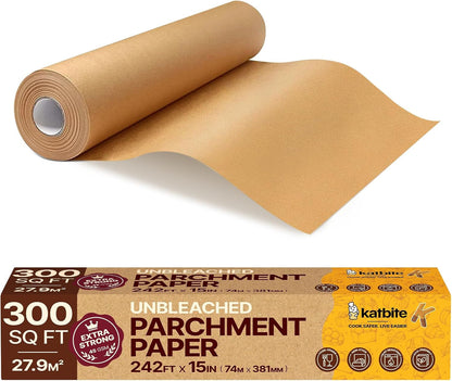 Unbleached Parchment Paper Roll, 15In X 242Ft, 300 Sq.Ft, Non-Stick with Serrated Cutter for Baking, Cooking, Air Fryer | Heavy Duty Non-Stick Baking Paper with a Serrated Cutter for Baking, Cooking and Air Frying1