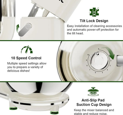Electric Stand Mixer,7.45 QT,10 Speeds with Dough Hook,Whisk, Flat Beater Attachments, Splash Guard, Easy-Carry Top Handle,3-In-1 Kitchen Mixer for Baking Cakes Cookie Bread Salad (White)5