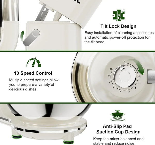 Electric Stand Mixer,7.45 QT,10 Speeds with Dough Hook,Whisk, Flat Beater Attachments, Splash Guard, Easy-Carry Top Handle,3-In-1 Kitchen Mixer for Baking Cakes Cookie Bread Salad (White)5