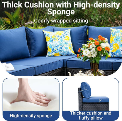 5-Piece Patio Furniture Set, All-Weather Outdoor Wicker Sectional Sofa with Cushions, Tempered Glass Table & Ottoman,Rattan Conversation Seating for Porch, Garden, Backyard,Navy4