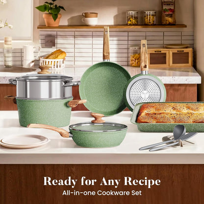 17Pcs Green Induction Cookware Set, Nonstick Pots and Pans | Sage Green Granite Coating, Healthy Non Toxic Kitchen Cooking Pans and Pots Set Non Stick8