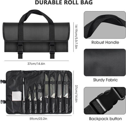 12PCS Portable Kitchen Knife Set, High Carbon Stainless Steel Professional Chef Knife Set with Sharpener & Oxford Roll Bag, Suitable for Home, Outdoor Travel, Camping and BBQ3