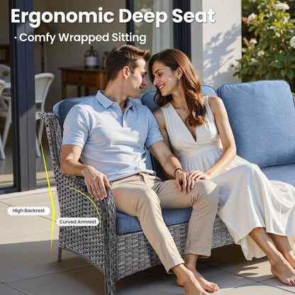 5-Piece Patio Furniture Set with Swivel Chairs Side Table, Outdoor Wicker Sofa with 42" Fire Pit Table, High Back Couch Modern Conversation Sets, Grey Rattan, Denim Blue6