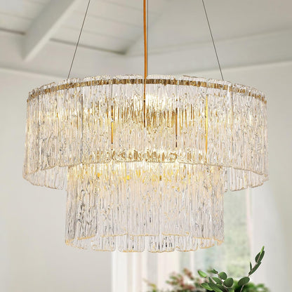 20" Gold Crystal Chandelier, 6-Light Glass Drum Light Fixture1