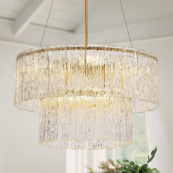 20" Gold Crystal Chandelier, 6-Light Glass Drum Light Fixture1