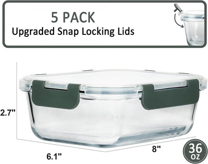 5 Pack 36 Oz Glass Food Storage Containers with Lids,4.5 Cups,Gray2
