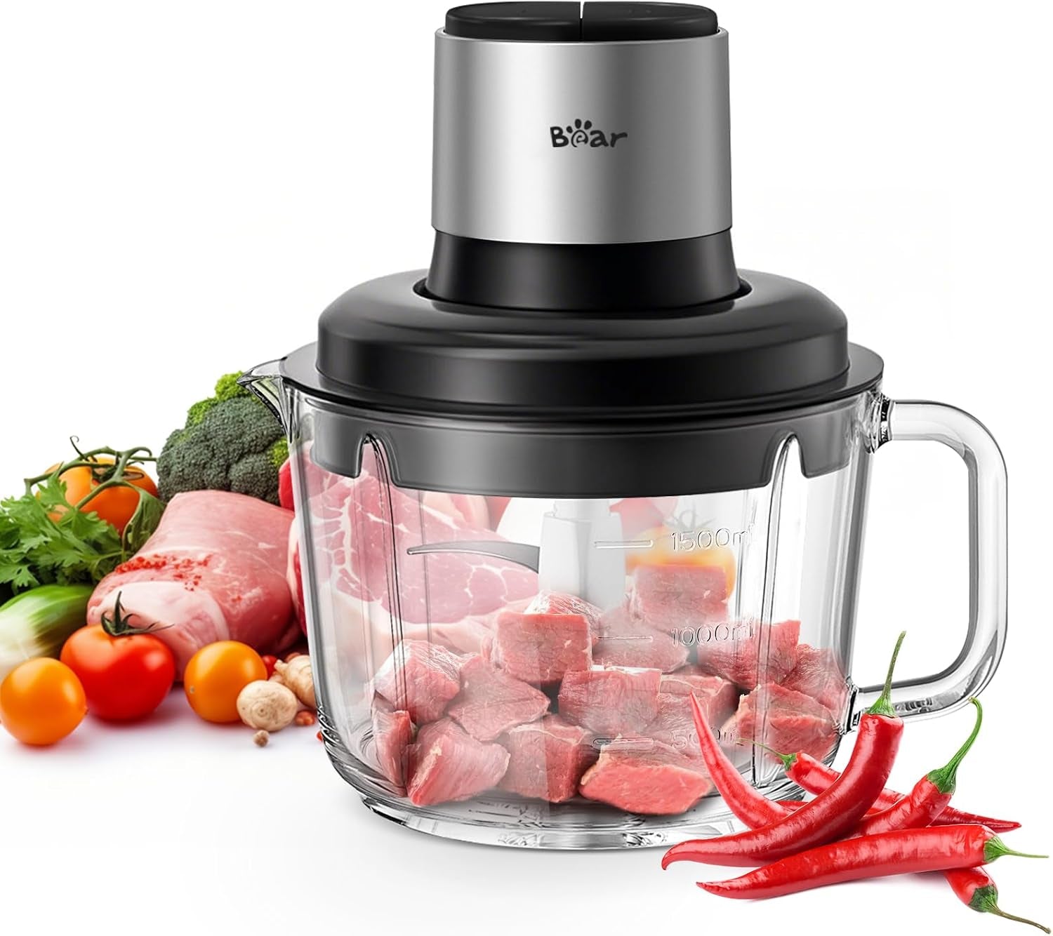 food-processor-400w-electric-food-chopper-with-handheld-glass-bowl-no-hole-4-bi-level-stainless-steel-blades-easy-cleaning-8-cup-2-l-2-speeds-for-meat-vegetables-baby-food-preparation