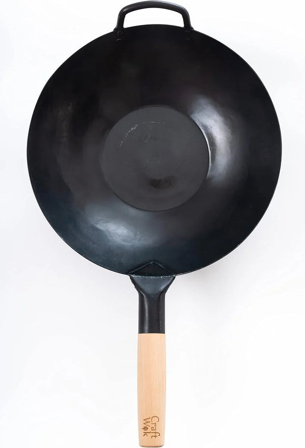 Black13 Flat Pre-Seasoned Hammered Carbon Steel Wok with Wooden and Steel Helper Handle (13 Inch, Flat Bottom)2