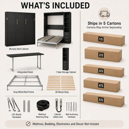 Black Queen Murphy Bed with Desk, 1 Storage Cabinet, 3 Drawers8