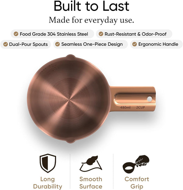 2 Cup Measuring Cup, 480Ml Copper Stainless Steel Metal Measuring Scoop, Easy-Pour Spouts, Engraved Markings, for Dry & Liquid Ingredients6