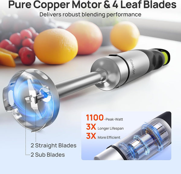 10-In-1 Immersion Hand Blender Max 1100W, Trigger Speed Control | Entire Stainless Steel Blender Shaft, 800Ml Beaker, 600Ml Chopper, Beaters, Frothers, Hooks, Masher, Whisk & 600Ml Cup2