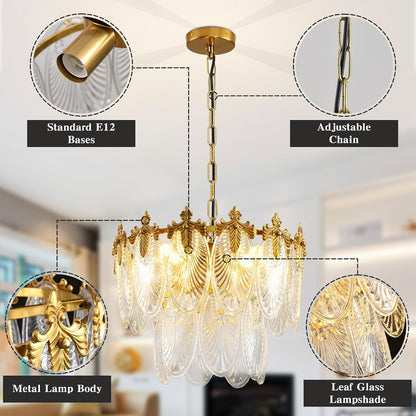 Antique Chandeliers 2-Layer Gold Crystal Glass Chandelier, 4-Light round Pendant Light 17.7" Brushed Brass Adjustable Height, Applicable to Dining Room, Bedroom, Living Room, Foyer, Kitchen Island4
