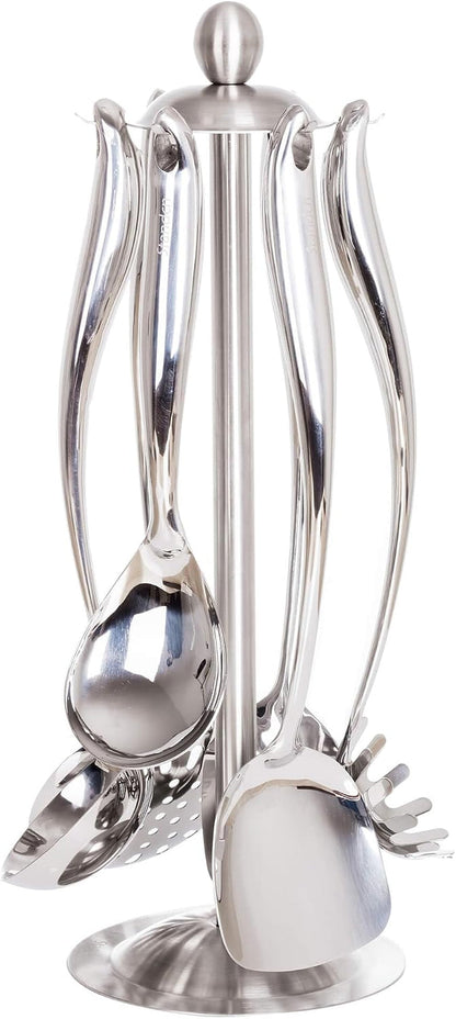 18/10 Stainless Steel Cooking Utensils Set with Holder, 7-Pieces All Metal Kitchen Utensils, 15’’ Kitchen Tools with Countertop Rotating Stand, Spatula, Ladle, Skimmer, Tunner, Pasta, Large Spoon1