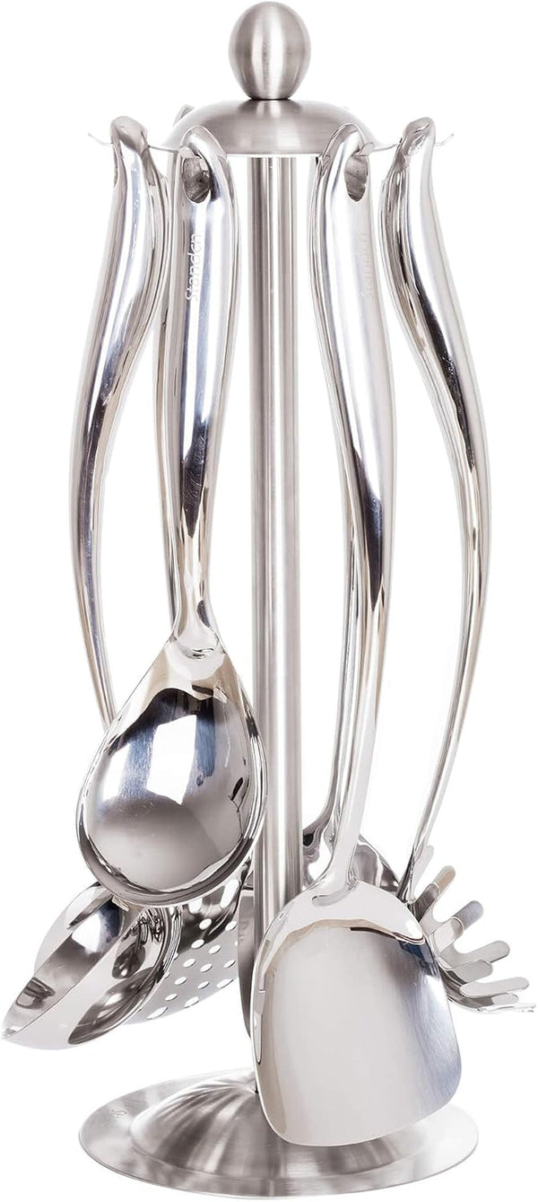 18/10 Stainless Steel Cooking Utensils Set with Holder, 7-Pieces All Metal Kitchen Utensils, 15’’ Kitchen Tools with Countertop Rotating Stand, Spatula, Ladle, Skimmer, Tunner, Pasta, Large Spoon1