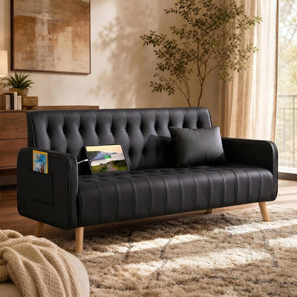 57” Faux Leather Loveseat Sofa, Small Tufted Couch (1, Black)1