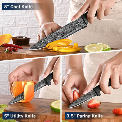 3PCS Kitchen Knife Set with Cover, Sharp Black Knives for Cooking | 8" Chef, 5" Utility, 3.5" Paring Knives, Food-Grade Nonstick Coating, Damascus Pattern, for Chopping, Slicing and Peeling6