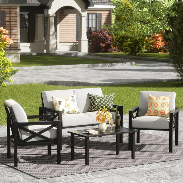 4 Piece Patio Furniture Set Metal Patio Conversation Set, 5.5"Cushion Grey1