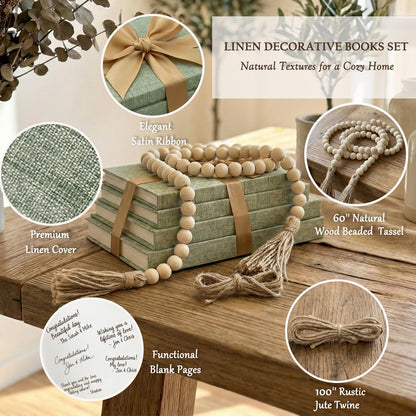 Decorative Books for Home Decor-Set of 4 Real Linen Decorative Books, Stacked Books with Wood Bead Garland, Jute Twine & Satin Ribbon, Neutral Modern Farmhouse & Boho Shelf Decor (Sage)3