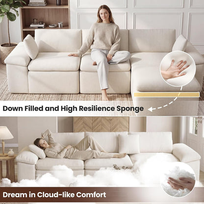 152.64" U Shaped Cloud Couches for Living Room, 6 Seater Large Modular Sectional Sofa with 2 Ottoman,Convertible Couch Deep Seat Sofa with Pillow for Bedroom and Apartment, Beige3