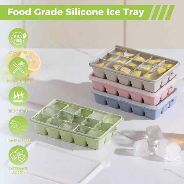 4-Pack Silicone Ice Cube Trays with Lid, Easy Release Ice Cube Molds, Reusable and Stackable Ice Trays for Freezer for Cocktail, Whiskey, Baby Food, BPA Free (Multicolour)4