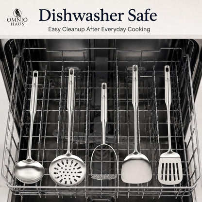 Premium Stainless Steel Kitchen Utensil Set, 5-Piece 304 (18/8) Cooking Utensils with Hooks, Soup Ladle, Slotted Turner, Solid Wok Turner, Skimmer, Potato Masher, Storage Bag and Gift Box5