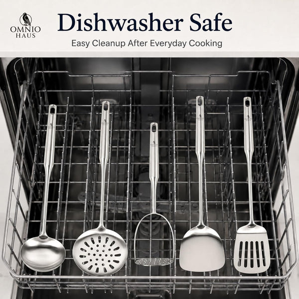 Premium Stainless Steel Kitchen Utensil Set, 5-Piece 304 (18/8) Cooking Utensils with Hooks, Soup Ladle, Slotted Turner, Solid Wok Turner, Skimmer, Potato Masher, Storage Bag and Gift Box5