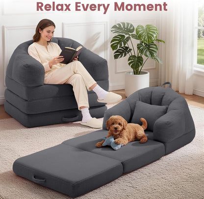 Folding Sofa Bed, 2 in 1 Convertible Sleeper Chair with Armrests, Comfy Bean Bag Floor Futon Couch with Pillow, Single Chair Bed Sleeper for Adults, Couches for Living Room,Grey9