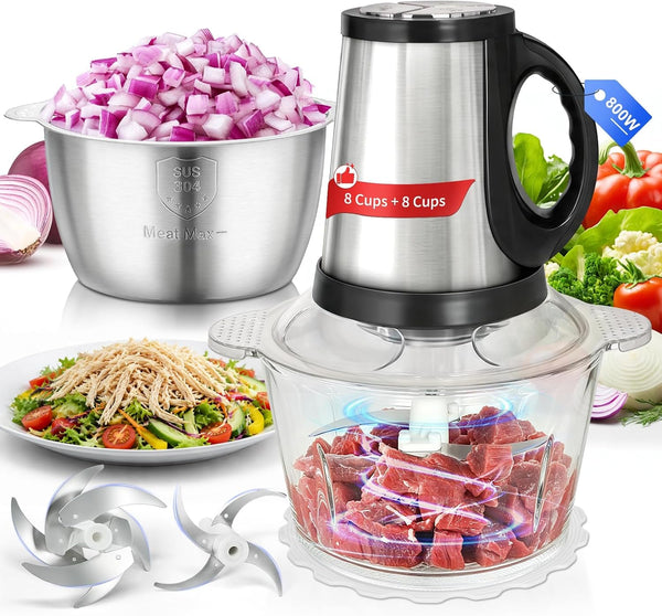 Food Processor-2 Bowls (8Cups+8Cups),800W Food Chopper Meat Grinder | 【2 Sets Stainless Steel Blade】【Pure Copper Motor】Small Food Processor for Meat,Vegetable,Garlic,Onion,Chicken Shredder1