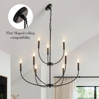 9-Light Black Chandelier for Entryway, Modern Farmhouse Dining Room Light Fixture, Industrial Candle Pendant Light for Foyer Stairway Living Room6