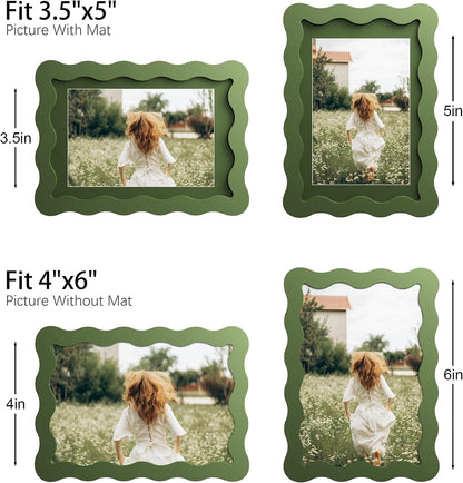 4X6 Picture Frame with Mat for 3.5X5, Wavy Edge Wooden Real Glass Photo Frame for Tabletop and Wall Hanging, Green, 1 Pack4