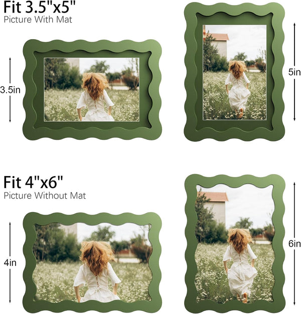4X6 Picture Frame with Mat for 3.5X5, Wavy Edge Wooden Real Glass Photo Frame for Tabletop and Wall Hanging, Green, 1 Pack4