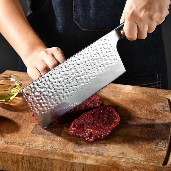 Meat Cleaver, Wooden Handle Forged Hammer Pattern Chinese for Cutting Vegetables Meat and Chopping Dual Purpose Kitchen Knife5