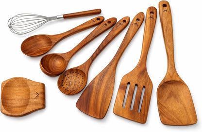 8 Pcs Teak Wooden Utensil Set – Premium Wooden Cooking Utensils Set, Natural Wooden Spoons for Cooking - Sturdy Kitchen Utensils & Cooking Spoons for Every Chef1