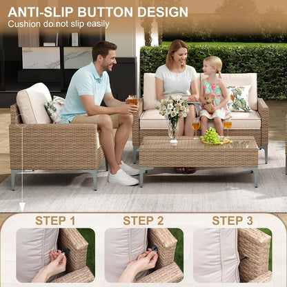 4-Piece Patio Furniture Set,Outdoor Wicker Patio Conversation Set with Tempered Glass Table,All-Weather Rattan Sectional Loveseat&Chairs with Thick Cushions for Garden,Deck,Backyard-Beige6