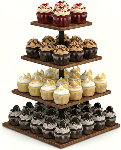 Wooden 4 Tier Cupcake Stand for 50 Cupcakes,Cupcake Holder,Cupcake Tower,Tiered Tray Stand for Birthday Bar Décor Weddings,Parties Events, Dark Brown1
