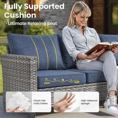 Patio Furniture Set, 5 Pieces Outdoor Wicker Sofa Couch with Chairs, Ottomans and Comfy Cushions, All Weather High Back Rattan Conversation Set, Denim Blue4