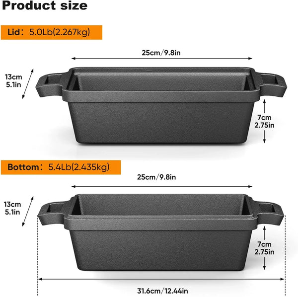 9×5 Inch Cast Iron Loaf Pan with Lid, 2 Pack Bread Pans for Baking | Premium Cast Iron Loaf Pan & Bread Pan Set Evenly Distributes Heat for Crisp Bread Crusts. Multi-Cooker Compatible2