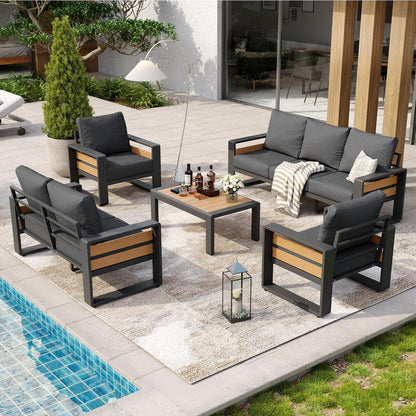 Aluminum Patio Furniture Set, 5 Piece Luxury Outdoor Sectional with 6" Olefin Fabric Cushions, Patio Conversation Sets with Coffee Table and Waterproof Cover for Backyard, Porch Dark Grey5
