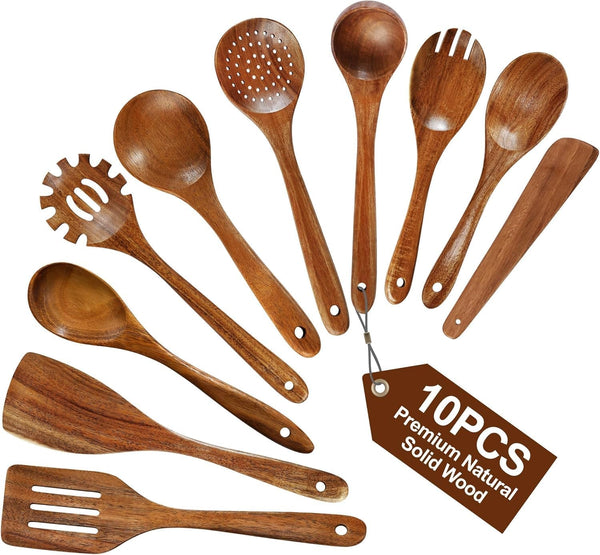 Natural Solid Wooden Utensil Set - 10 Pcs, Non-Stick Wooden Spoons for Cooking, Soft Comfort-Grip Wooden Cooking Utensils Set, Wood Kitchen Utensil Set for Non-Stick Cookware1