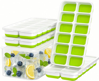 Ice Cube Tray with Lid and Bin - 4 Pack Molds Space-Saving Ice Bucket Kit | Stackable Silicone Trays for Freezer, for Whiskey, Cocktails, Coffee, Juice, Soda, Kitchen & RV1