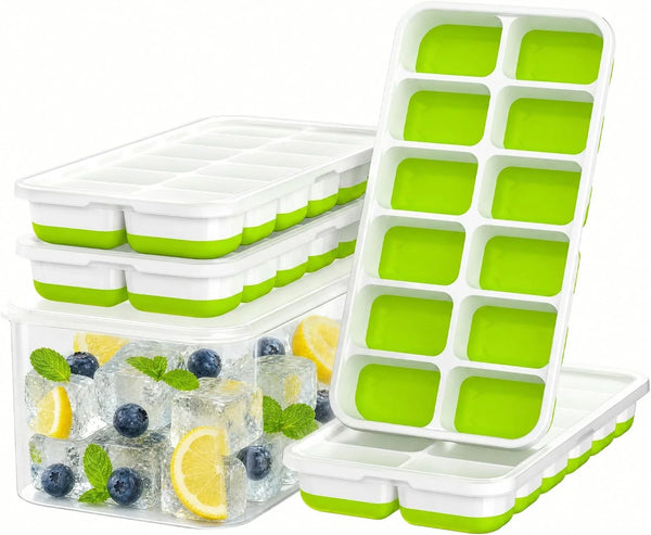Ice Cube Tray with Lid and Bin - 4 Pack Molds Space-Saving Ice Bucket Kit | Stackable Silicone Trays for Freezer, for Whiskey, Cocktails, Coffee, Juice, Soda, Kitchen & RV1