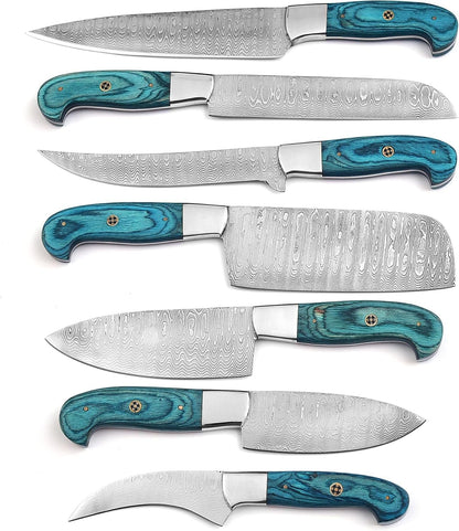 101-7 Stainless Steel Damascus Kitchen Knife Set Hand Forged Butcher Chef Knife Set with Roll Bag Sharp Meat Cleaver Bone Chopper Fillet Knives for Home Camping BBQ Gift for Men 101-7 (7)3