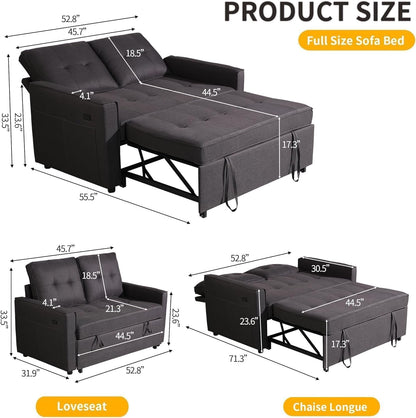 3 in 1 Convertible Sofa Bed, 53" Modern Loveseat Sleeper Sofa with USB Port & Storage Pockets, Pull Out Couch with Reclining Backrest, Futon Bed for Small Spaces, Living Room (Gray)2
