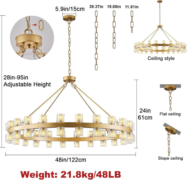 48 Inch Gold Wagon Wheel Chandelier with Crystal Shade, 48 Lights, Large round Modern Farmhouse Style, Perfect for High Ceiling, Dining Room, Kitchen, Entryways, Foyer2