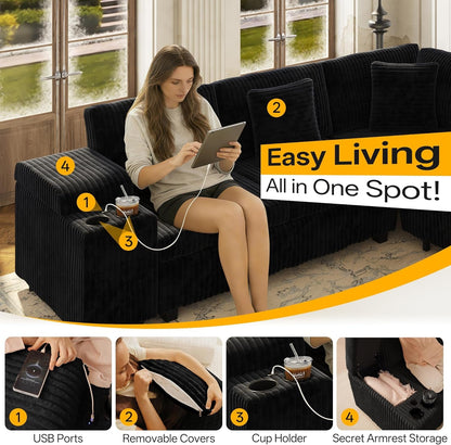 110" L-Shaped Oversized Plush Corduroy Modular Sectional Sofa with Pull-Out Bed, Convertible 6-Seater Sleeper Couch Bed with 1 Ottomans & USB & Cup Holders, Easy Assembly, for Living Room, Black6
